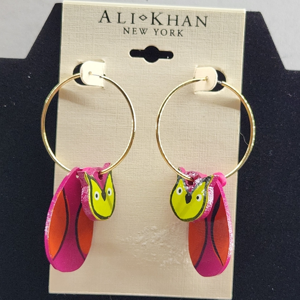 VTG Ali Khan New York" hoop earrings featuring owl-shaped charms